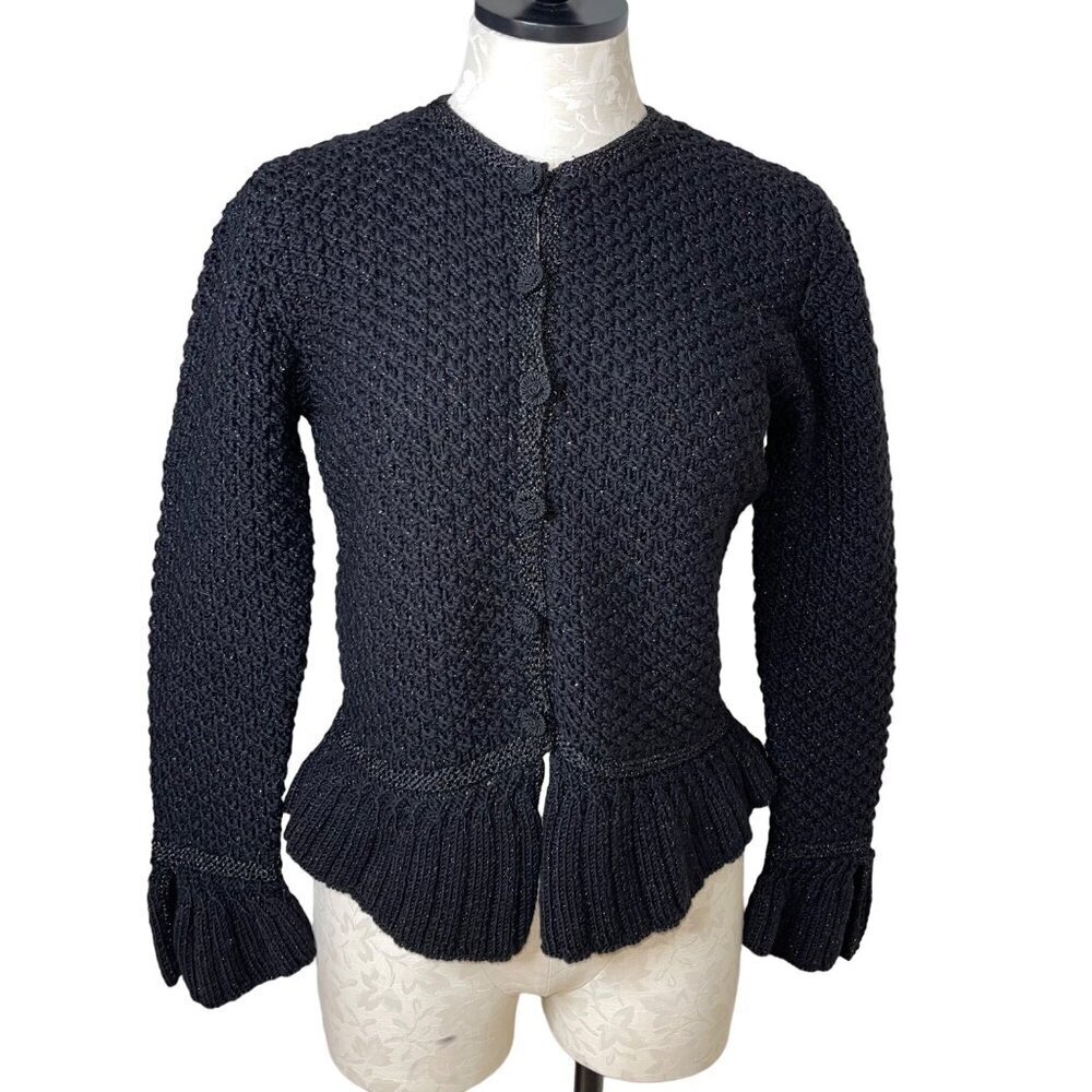 Vintage Womens Sweater Size Small Black Cardigan Knit Metallic Peplum Button Up